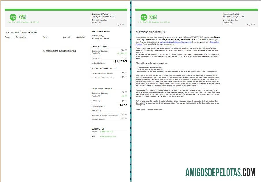 Extrato bancário Green Dot dos EUA para download, modelo Word e PDF, 3 páginas